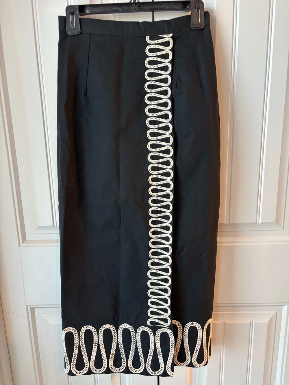 Antonio Melani Classic Black Pencil Skirt with Embroidered Ivory Trim